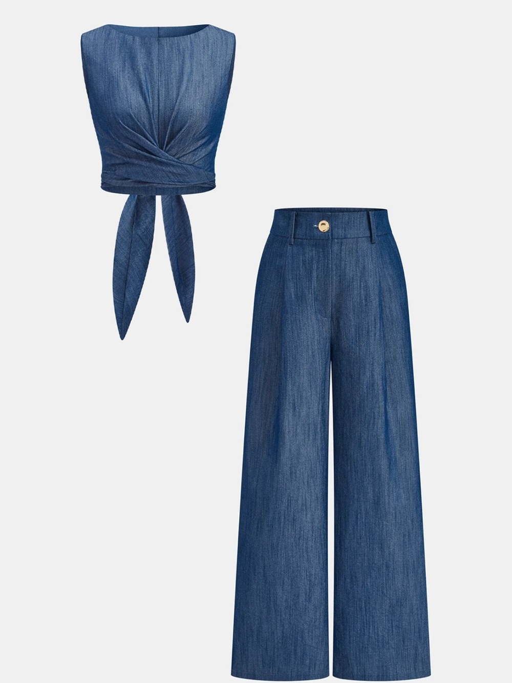 Commense Denim-Effect Wide Leg Pants with Tie-Front Crop Top - Blue Size S
